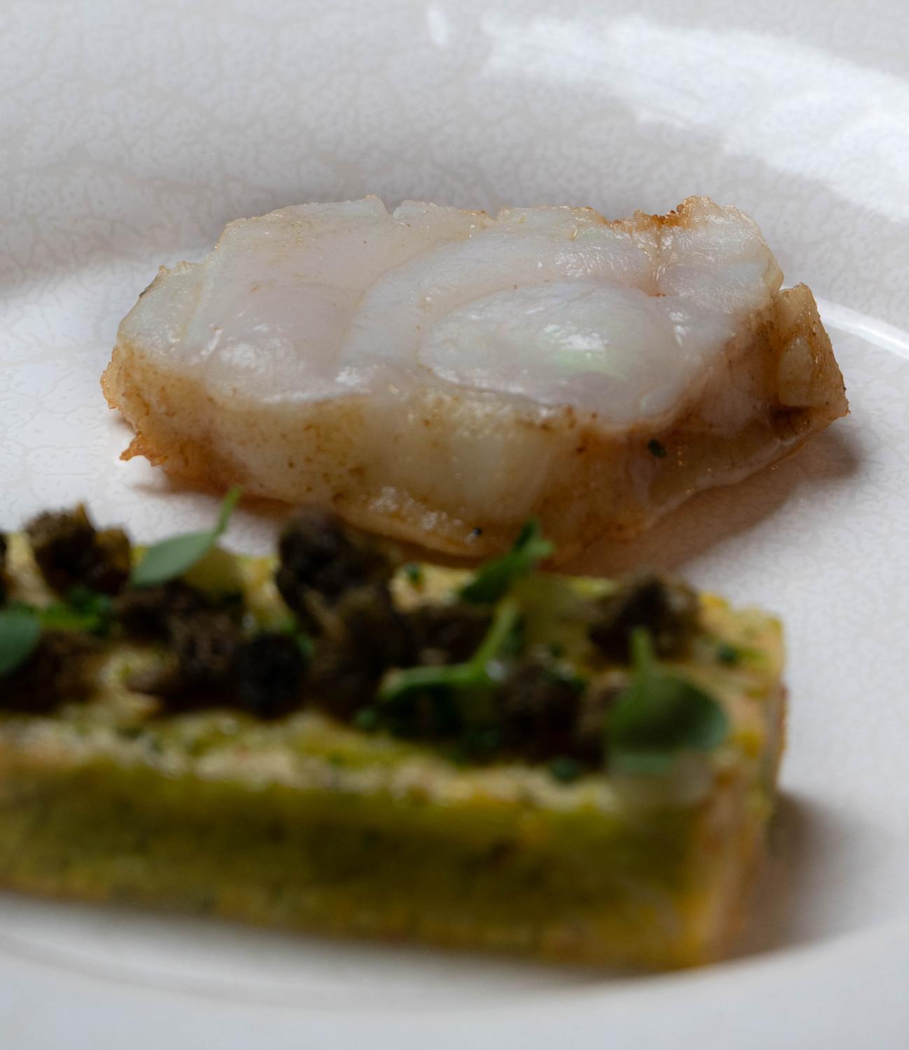 Poisson doré, dressage sur tarte fine aux herbes